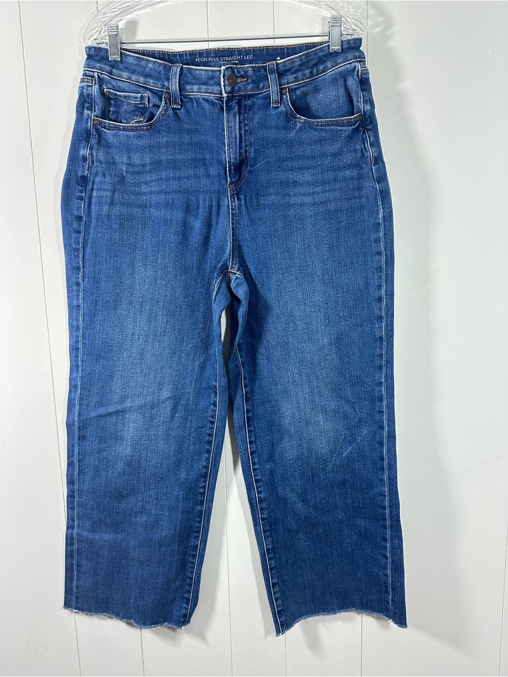 Chicos High Rise Straight Leg Jeans Women’s Blue Raw Hem Size 12R/ 2R